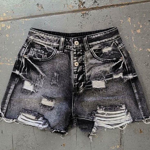 Women's Black High Waist Distressed Cutoff Denim Jean Shorts - Picture 2 of 3